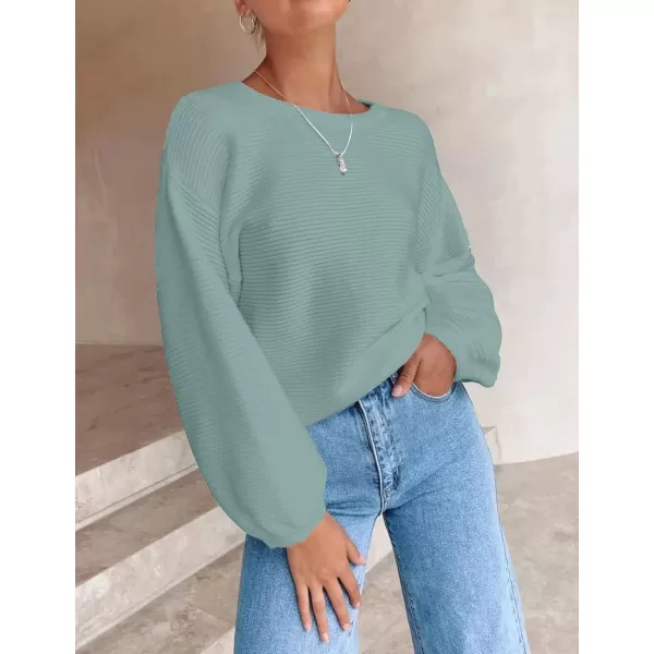 imageZESICA Womens 2023 Crew Neck Long Lantern Sleeve Casual Loose Ribbed Knit Solid Soft Pullover Sweater TopsLake