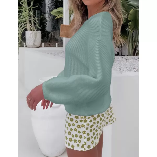 imageZESICA Womens 2023 Crew Neck Long Lantern Sleeve Casual Loose Ribbed Knit Solid Soft Pullover Sweater TopsLake