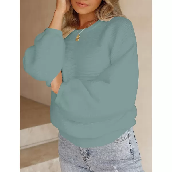 imageZESICA Womens 2023 Crew Neck Long Lantern Sleeve Casual Loose Ribbed Knit Solid Soft Pullover Sweater TopsLake
