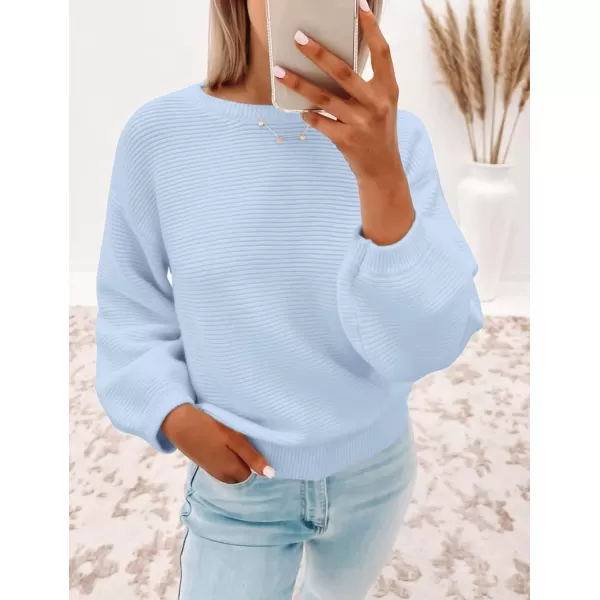 imageZESICA Womens 2023 Crew Neck Long Lantern Sleeve Casual Loose Ribbed Knit Solid Soft Pullover Sweater TopsLightblue
