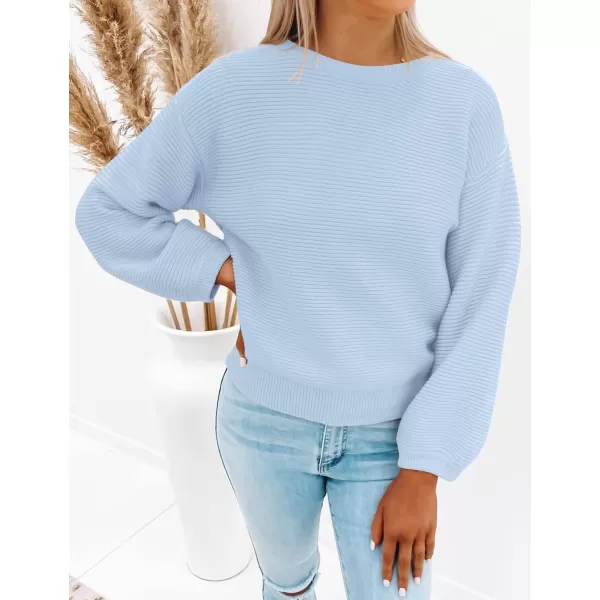 imageZESICA Womens 2023 Crew Neck Long Lantern Sleeve Casual Loose Ribbed Knit Solid Soft Pullover Sweater TopsLightblue