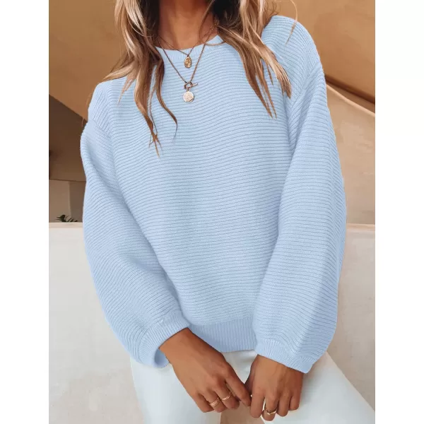 imageZESICA Womens 2023 Crew Neck Long Lantern Sleeve Casual Loose Ribbed Knit Solid Soft Pullover Sweater TopsLightblue