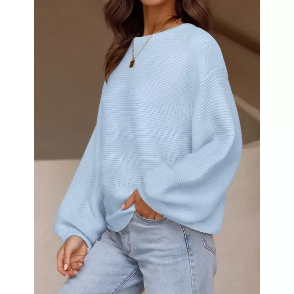 imageZESICA Womens 2023 Crew Neck Long Lantern Sleeve Casual Loose Ribbed Knit Solid Soft Pullover Sweater TopsLightblue