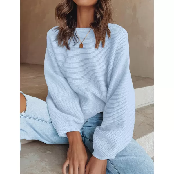 imageZESICA Womens 2023 Crew Neck Long Lantern Sleeve Casual Loose Ribbed Knit Solid Soft Pullover Sweater TopsLightblue