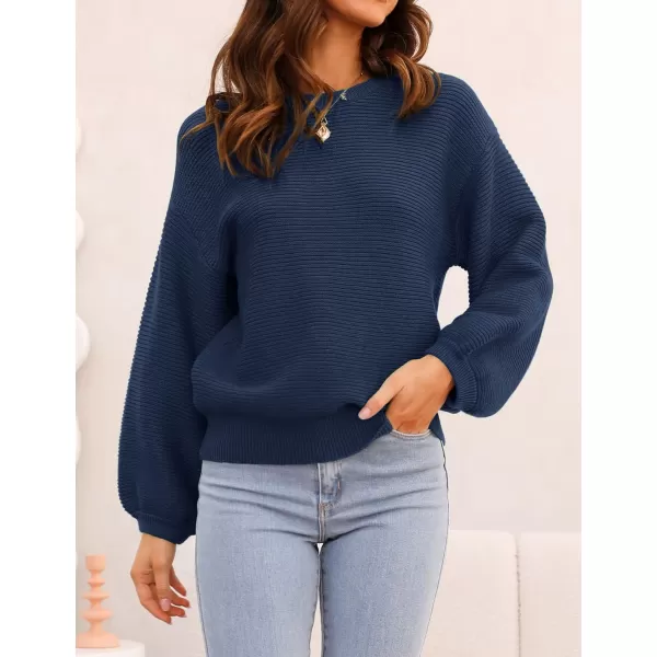 imageZESICA Womens 2023 Crew Neck Long Lantern Sleeve Casual Loose Ribbed Knit Solid Soft Pullover Sweater TopsNavy