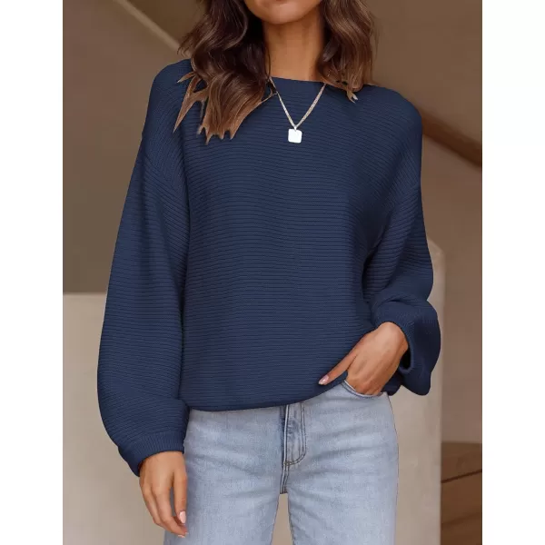 imageZESICA Womens 2023 Crew Neck Long Lantern Sleeve Casual Loose Ribbed Knit Solid Soft Pullover Sweater TopsNavy