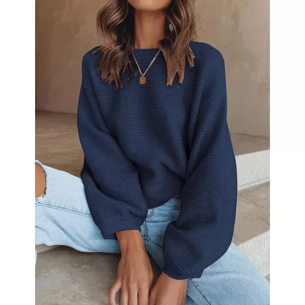 imageZESICA Womens 2023 Crew Neck Long Lantern Sleeve Casual Loose Ribbed Knit Solid Soft Pullover Sweater TopsNavy