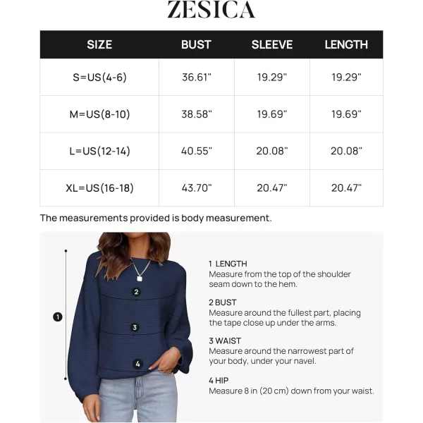 imageZESICA Womens 2023 Crew Neck Long Lantern Sleeve Casual Loose Ribbed Knit Solid Soft Pullover Sweater TopsNavy