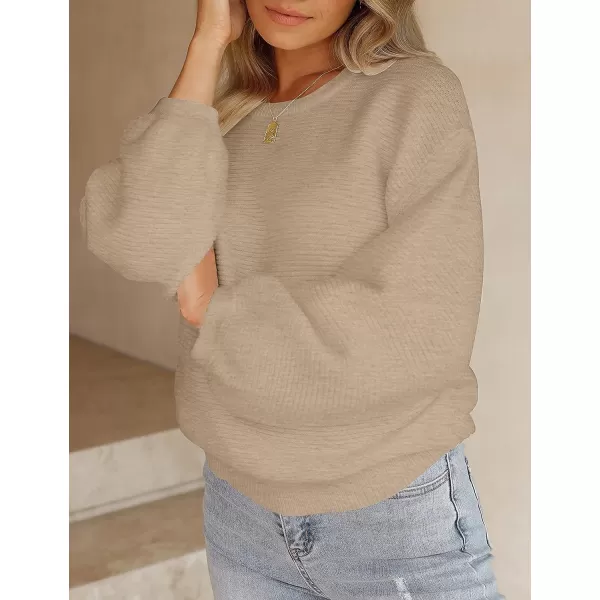 imageZESICA Womens 2023 Crew Neck Long Lantern Sleeve Casual Loose Ribbed Knit Solid Soft Pullover Sweater TopsOatmeal