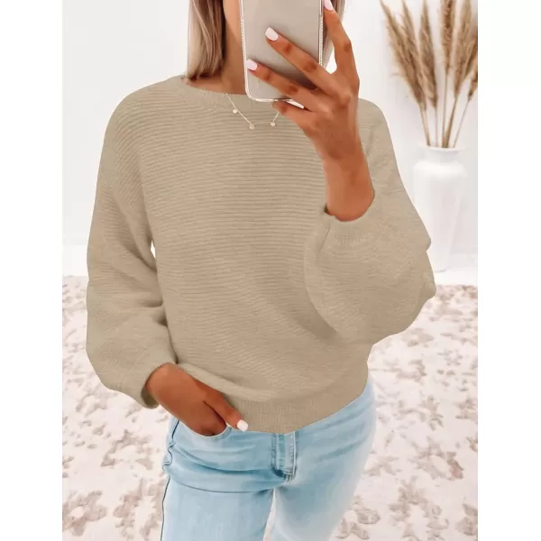 imageZESICA Womens 2023 Crew Neck Long Lantern Sleeve Casual Loose Ribbed Knit Solid Soft Pullover Sweater TopsOatmeal