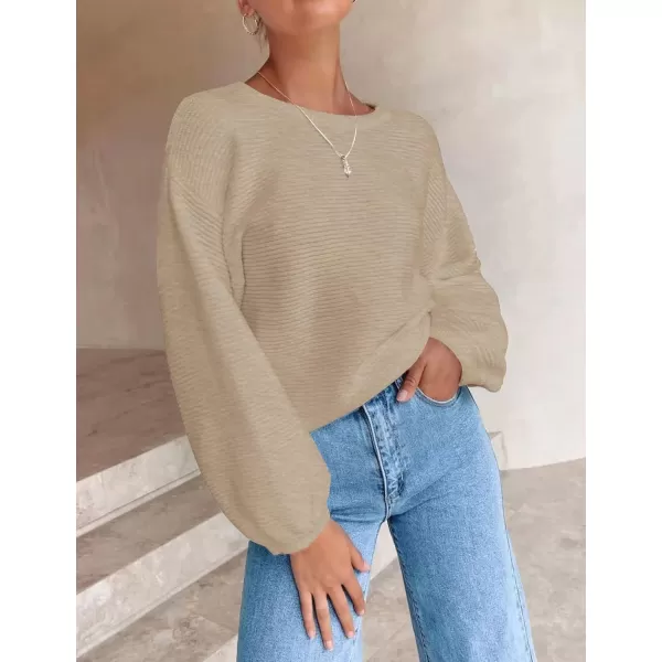 imageZESICA Womens 2023 Crew Neck Long Lantern Sleeve Casual Loose Ribbed Knit Solid Soft Pullover Sweater TopsOatmeal