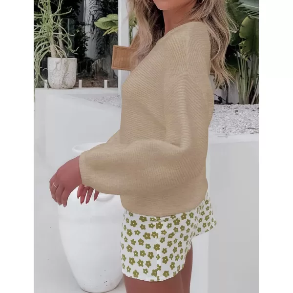 imageZESICA Womens 2023 Crew Neck Long Lantern Sleeve Casual Loose Ribbed Knit Solid Soft Pullover Sweater TopsOatmeal