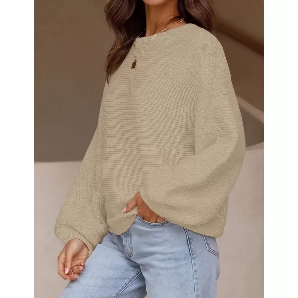 imageZESICA Womens 2023 Crew Neck Long Lantern Sleeve Casual Loose Ribbed Knit Solid Soft Pullover Sweater TopsOatmeal