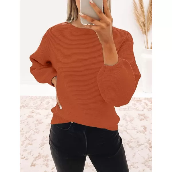 imageZESICA Womens 2023 Crew Neck Long Lantern Sleeve Casual Loose Ribbed Knit Solid Soft Pullover Sweater TopsOrange