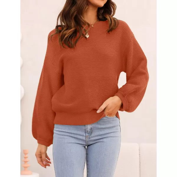 imageZESICA Womens 2023 Crew Neck Long Lantern Sleeve Casual Loose Ribbed Knit Solid Soft Pullover Sweater TopsOrange