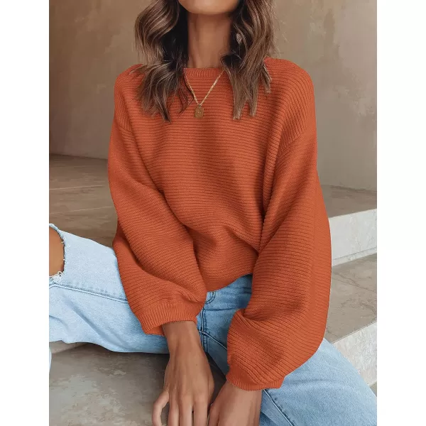 imageZESICA Womens 2023 Crew Neck Long Lantern Sleeve Casual Loose Ribbed Knit Solid Soft Pullover Sweater TopsOrange