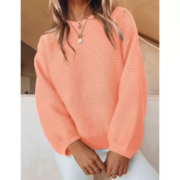 imageZESICA Womens 2023 Crew Neck Long Lantern Sleeve Casual Loose Ribbed Knit Solid Soft Pullover Sweater TopsPeach