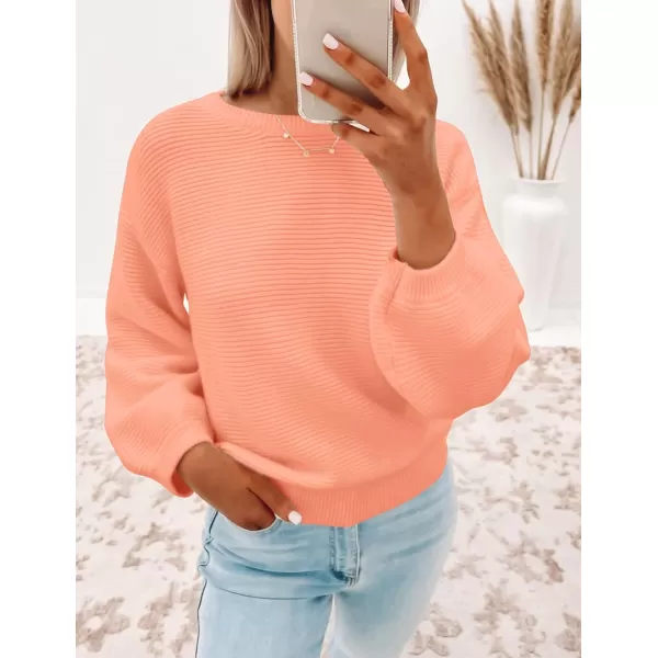 imageZESICA Womens 2023 Crew Neck Long Lantern Sleeve Casual Loose Ribbed Knit Solid Soft Pullover Sweater TopsPeach