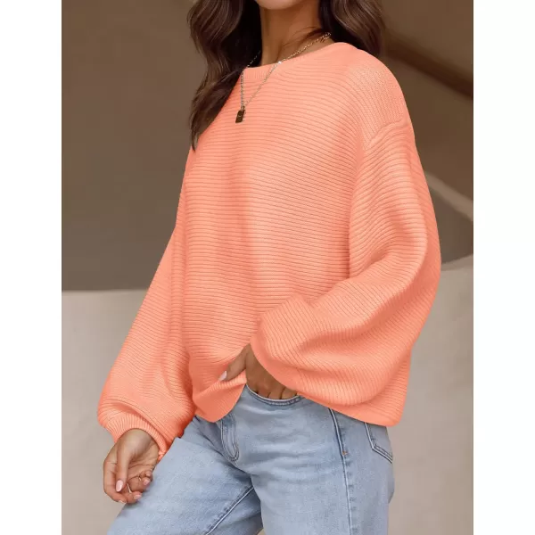 imageZESICA Womens 2023 Crew Neck Long Lantern Sleeve Casual Loose Ribbed Knit Solid Soft Pullover Sweater TopsPeach