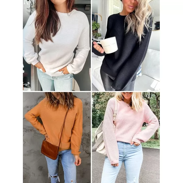 imageZESICA Womens 2023 Crew Neck Long Lantern Sleeve Casual Loose Ribbed Knit Solid Soft Pullover Sweater TopsPink