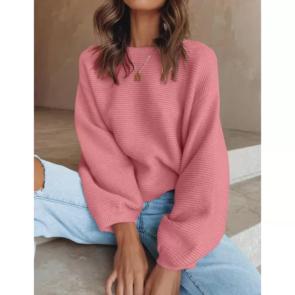 imageZESICA Womens 2023 Crew Neck Long Lantern Sleeve Casual Loose Ribbed Knit Solid Soft Pullover Sweater TopsPink