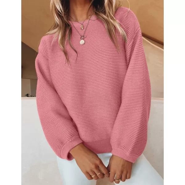 imageZESICA Womens 2023 Crew Neck Long Lantern Sleeve Casual Loose Ribbed Knit Solid Soft Pullover Sweater TopsPink