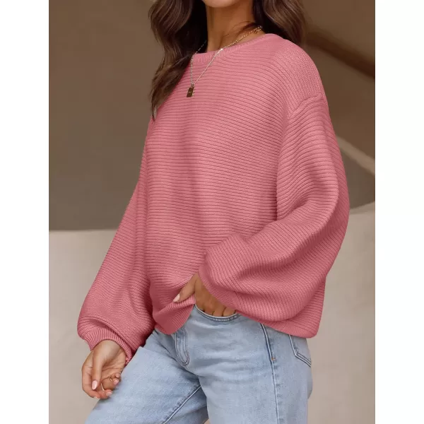 imageZESICA Womens 2023 Crew Neck Long Lantern Sleeve Casual Loose Ribbed Knit Solid Soft Pullover Sweater TopsPink