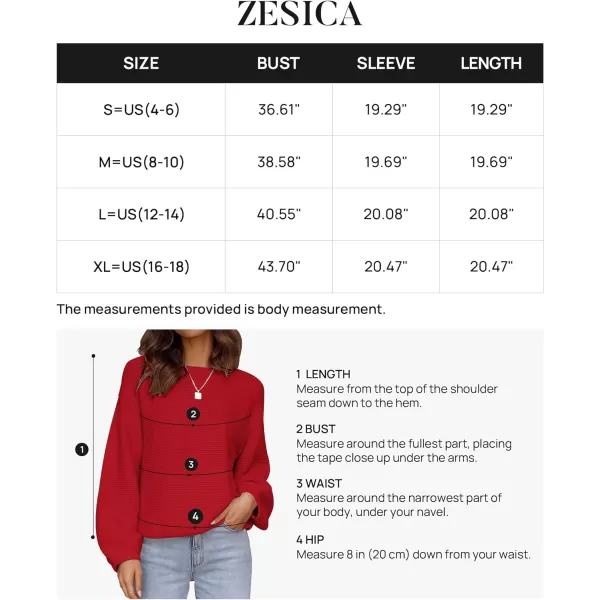 imageZESICA Womens 2023 Crew Neck Long Lantern Sleeve Casual Loose Ribbed Knit Solid Soft Pullover Sweater TopsRed