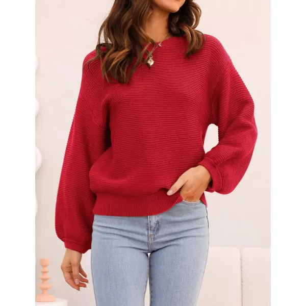 imageZESICA Womens 2023 Crew Neck Long Lantern Sleeve Casual Loose Ribbed Knit Solid Soft Pullover Sweater TopsRed