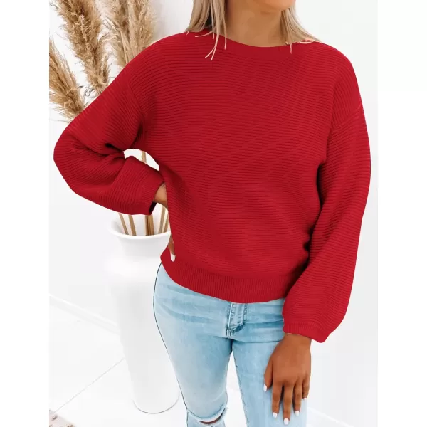 imageZESICA Womens 2023 Crew Neck Long Lantern Sleeve Casual Loose Ribbed Knit Solid Soft Pullover Sweater TopsRed