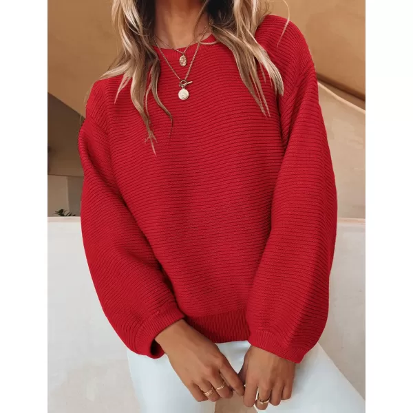 imageZESICA Womens 2023 Crew Neck Long Lantern Sleeve Casual Loose Ribbed Knit Solid Soft Pullover Sweater TopsRed