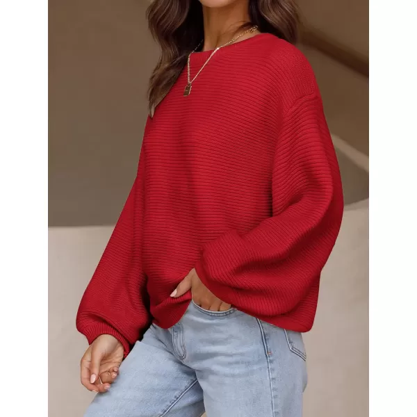 imageZESICA Womens 2023 Crew Neck Long Lantern Sleeve Casual Loose Ribbed Knit Solid Soft Pullover Sweater TopsRed