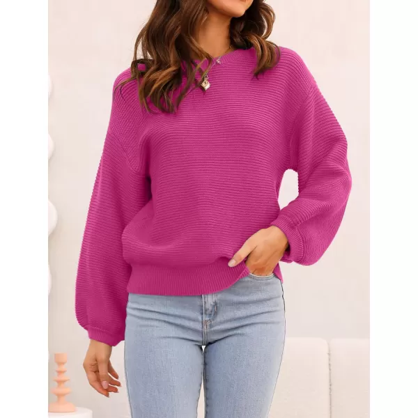 imageZESICA Womens 2023 Crew Neck Long Lantern Sleeve Casual Loose Ribbed Knit Solid Soft Pullover Sweater TopsRose