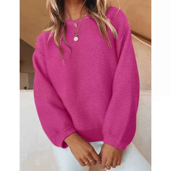 imageZESICA Womens 2023 Crew Neck Long Lantern Sleeve Casual Loose Ribbed Knit Solid Soft Pullover Sweater TopsRose