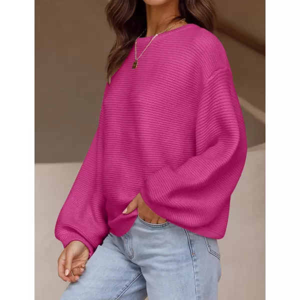 imageZESICA Womens 2023 Crew Neck Long Lantern Sleeve Casual Loose Ribbed Knit Solid Soft Pullover Sweater TopsRose