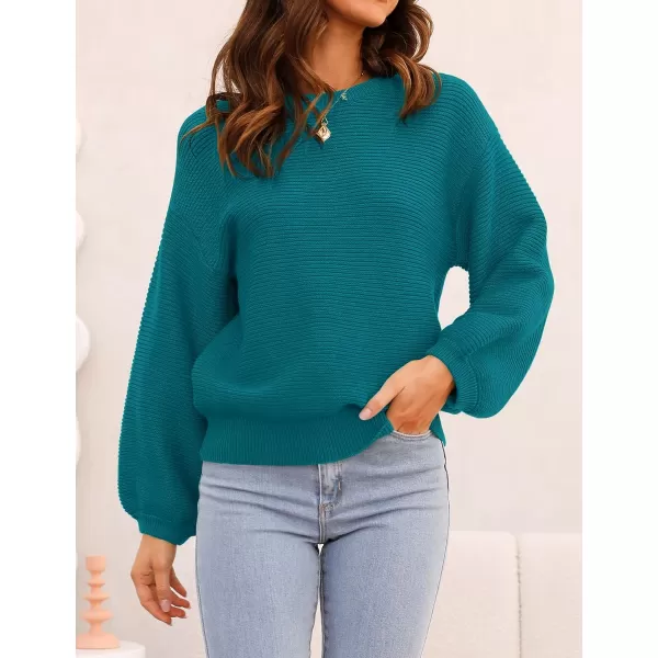 imageZESICA Womens 2023 Crew Neck Long Lantern Sleeve Casual Loose Ribbed Knit Solid Soft Pullover Sweater TopsTeal