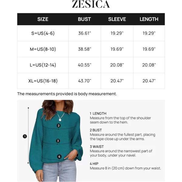 imageZESICA Womens 2023 Crew Neck Long Lantern Sleeve Casual Loose Ribbed Knit Solid Soft Pullover Sweater TopsTeal