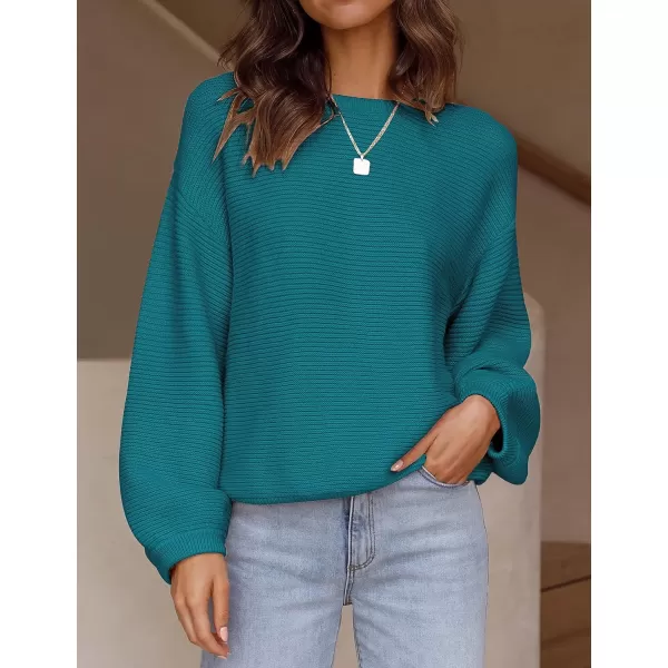 imageZESICA Womens 2023 Crew Neck Long Lantern Sleeve Casual Loose Ribbed Knit Solid Soft Pullover Sweater TopsTeal