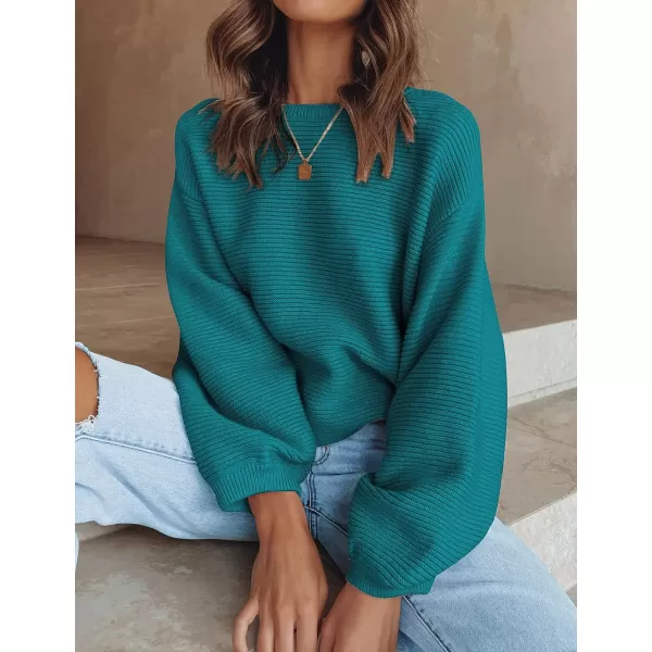 imageZESICA Womens 2023 Crew Neck Long Lantern Sleeve Casual Loose Ribbed Knit Solid Soft Pullover Sweater TopsTeal