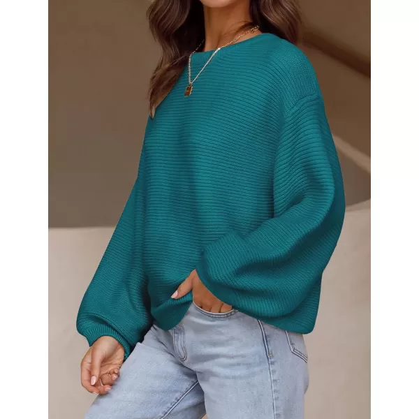 imageZESICA Womens 2023 Crew Neck Long Lantern Sleeve Casual Loose Ribbed Knit Solid Soft Pullover Sweater TopsTeal