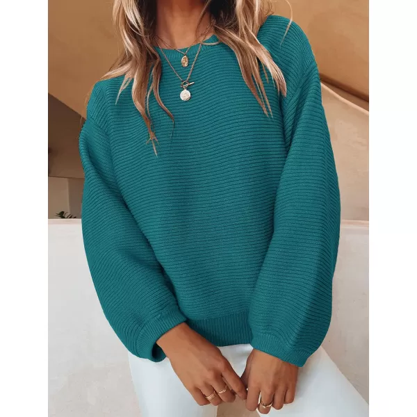 imageZESICA Womens 2023 Crew Neck Long Lantern Sleeve Casual Loose Ribbed Knit Solid Soft Pullover Sweater TopsTeal