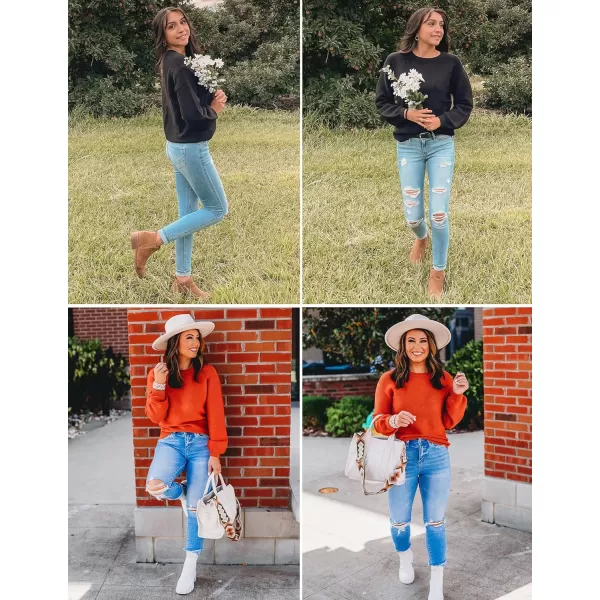 imageZESICA Womens 2023 Crew Neck Long Lantern Sleeve Casual Loose Ribbed Knit Solid Soft Pullover Sweater TopsWatermelon