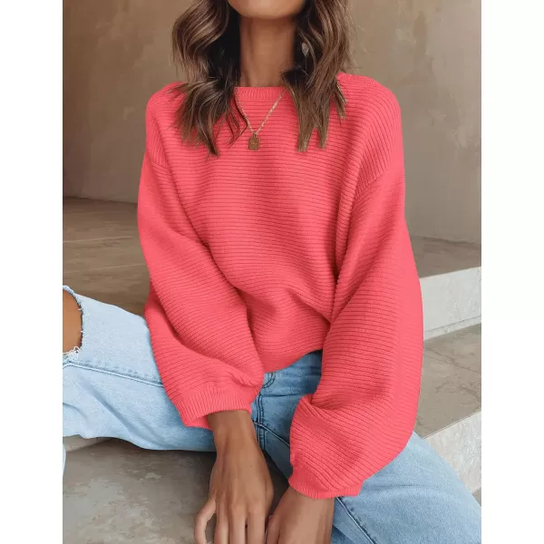 imageZESICA Womens 2023 Crew Neck Long Lantern Sleeve Casual Loose Ribbed Knit Solid Soft Pullover Sweater TopsWatermelon