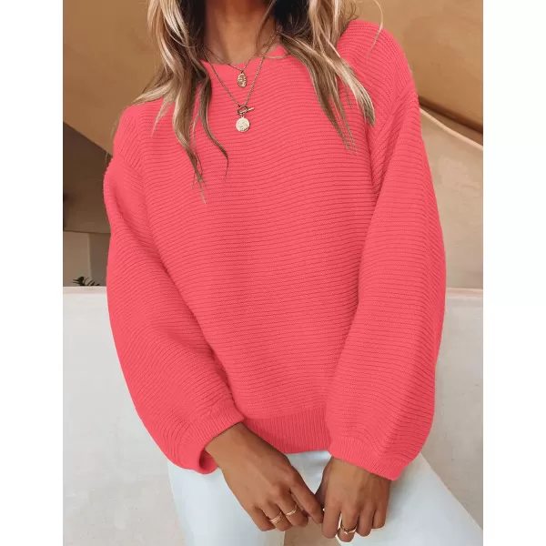 imageZESICA Womens 2023 Crew Neck Long Lantern Sleeve Casual Loose Ribbed Knit Solid Soft Pullover Sweater TopsWatermelon
