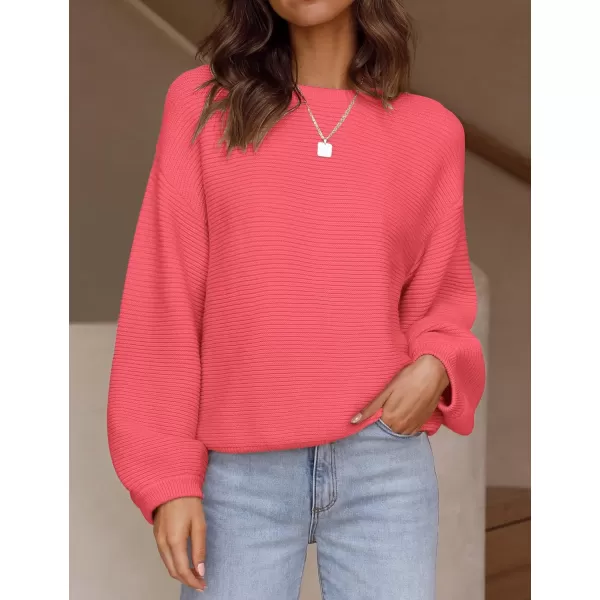 imageZESICA Womens 2023 Crew Neck Long Lantern Sleeve Casual Loose Ribbed Knit Solid Soft Pullover Sweater TopsWatermelon