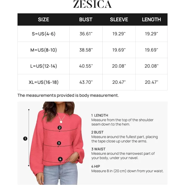 imageZESICA Womens 2023 Crew Neck Long Lantern Sleeve Casual Loose Ribbed Knit Solid Soft Pullover Sweater TopsWatermelon