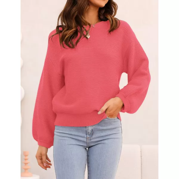 imageZESICA Womens 2023 Crew Neck Long Lantern Sleeve Casual Loose Ribbed Knit Solid Soft Pullover Sweater TopsWatermelon