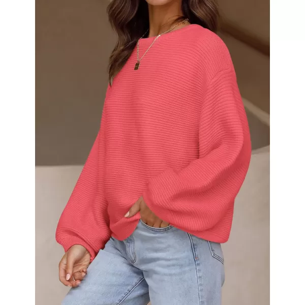 imageZESICA Womens 2023 Crew Neck Long Lantern Sleeve Casual Loose Ribbed Knit Solid Soft Pullover Sweater TopsWatermelon
