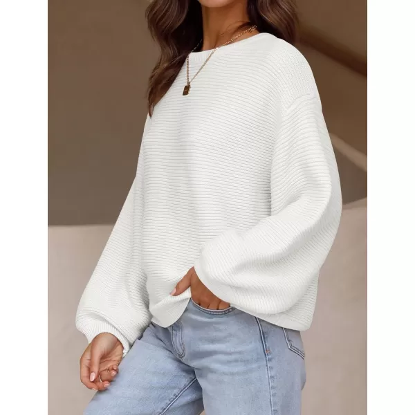 imageZESICA Womens 2023 Crew Neck Long Lantern Sleeve Casual Loose Ribbed Knit Solid Soft Pullover Sweater TopsWhite