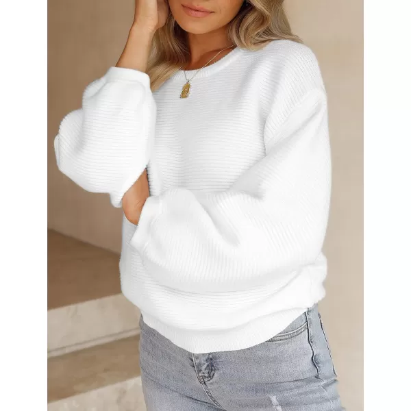 imageZESICA Womens 2023 Crew Neck Long Lantern Sleeve Casual Loose Ribbed Knit Solid Soft Pullover Sweater TopsWhite